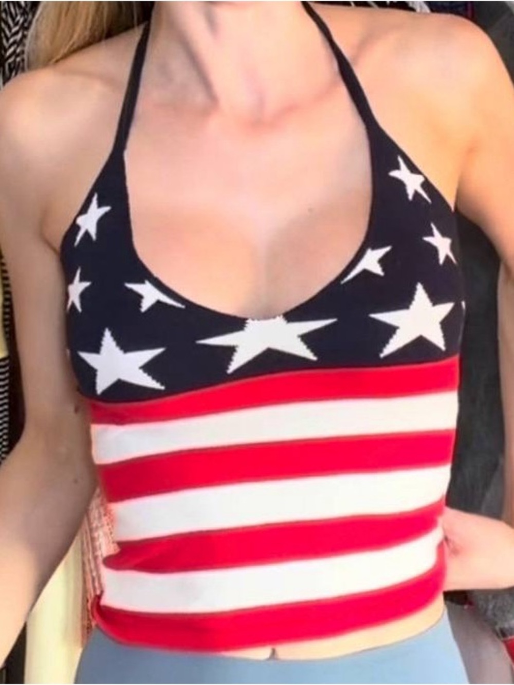 ROMWE Red White and Black Star Stripe Halter Swim Top
